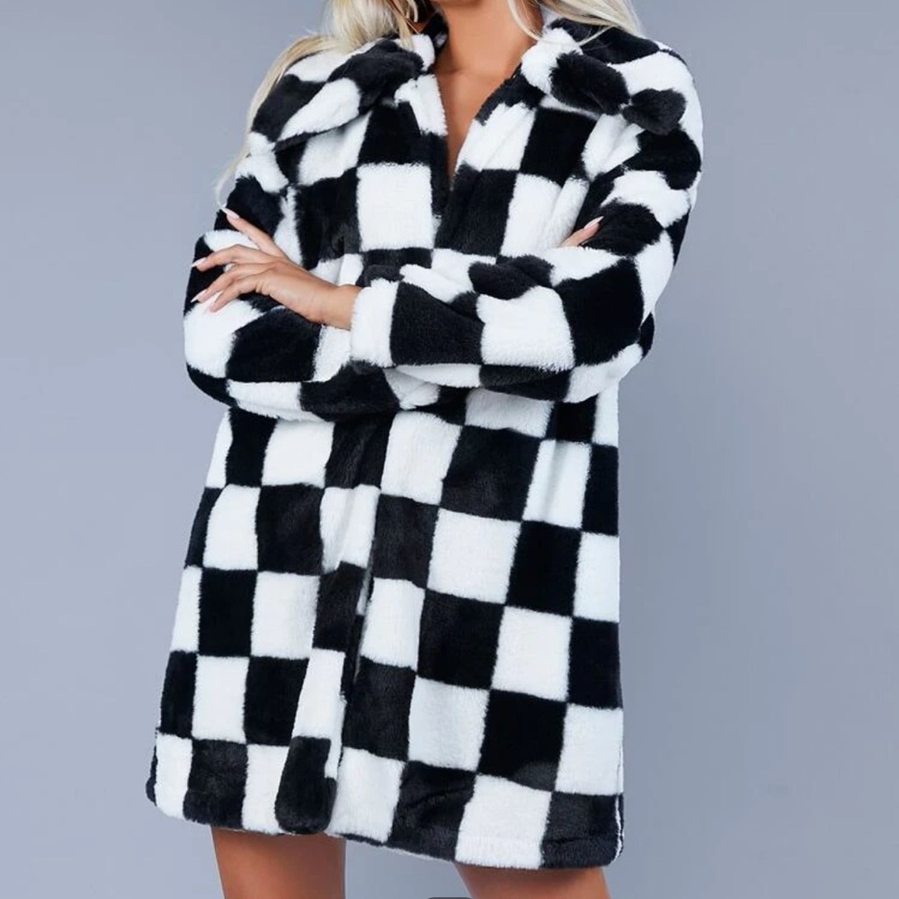 SHEIN Checkerboard Pattern fuzzy coat